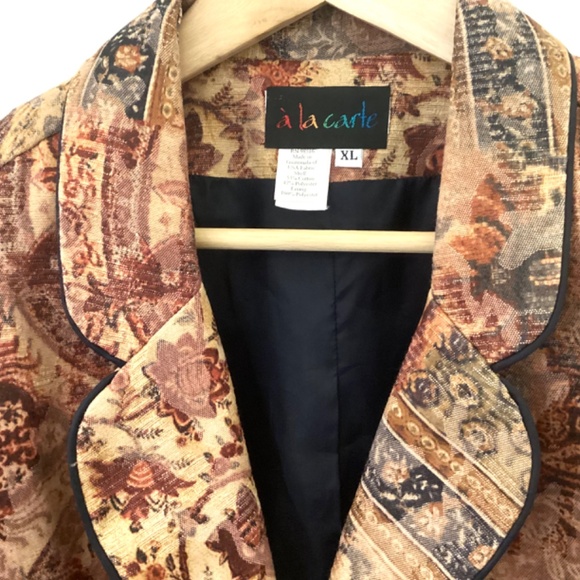 A La Carte Tapestry Blazer XL Mixed Print Gold Brown Scalloped Notched Collar - Picture 4 of 11